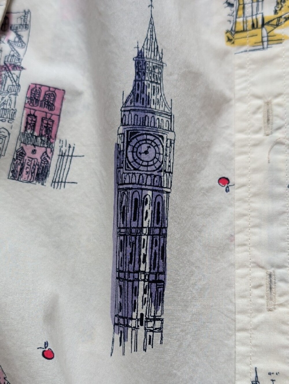 Anglophile Cream Cityscape Print Button-Up Shirt Big Ben London Eye Toile - Picture 6 of 15